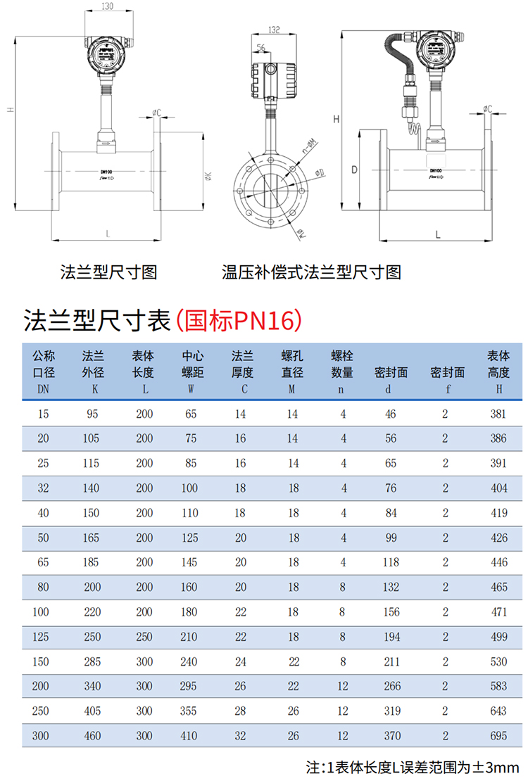 一體式渦街流量計(jì)法蘭式尺寸圖